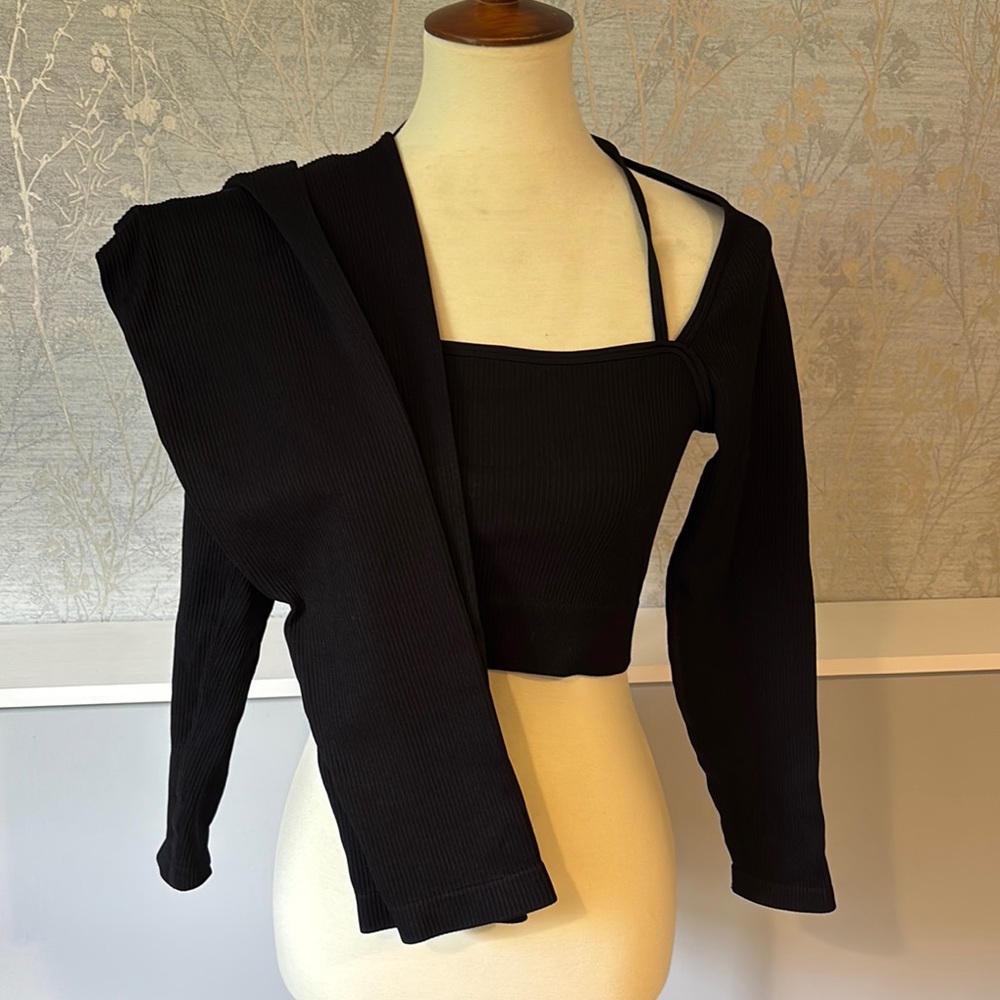 Black Ribbed Women's yoga or workout set - top and leggings, L stretch gym